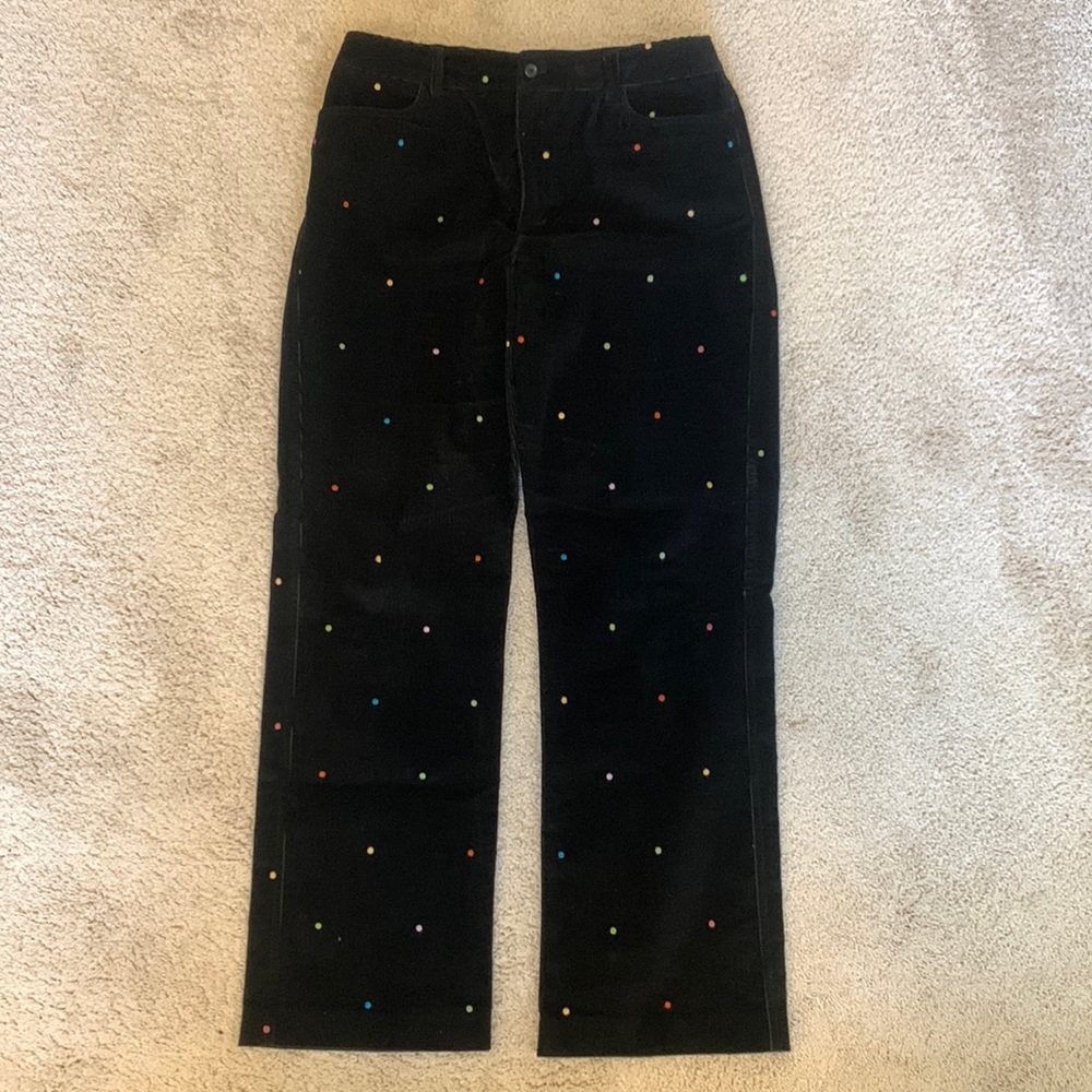 Rafaella black corduroy slacks with happy multi-colored dots.